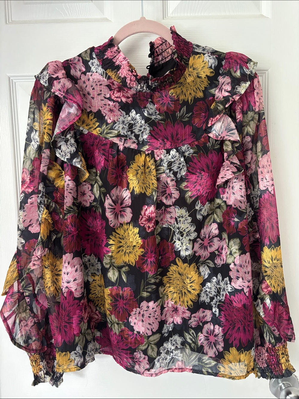 Adelyn Rae Black Floral Ruffle Mock-Neck Blouse with Pink & Yellow Flowers